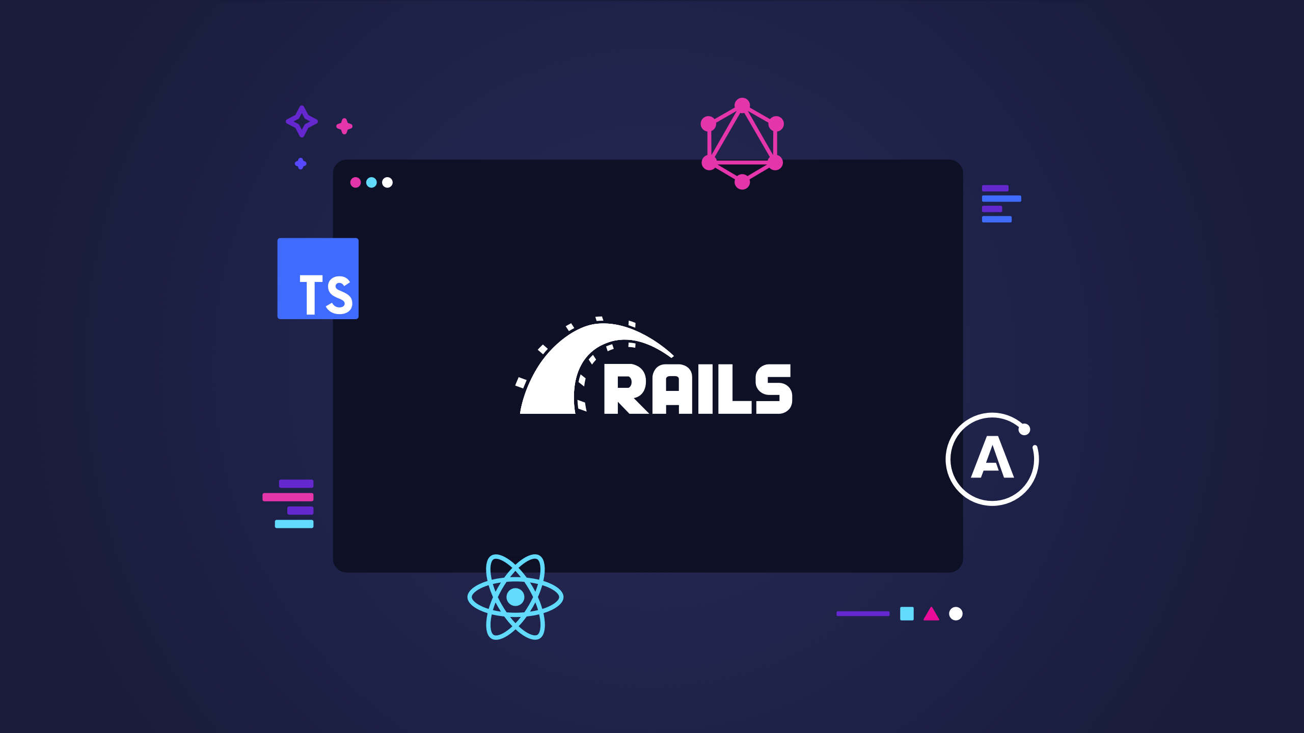 abstract illustration of user interface built using Rails, GraphQL, TypeScript, React, and Apollo