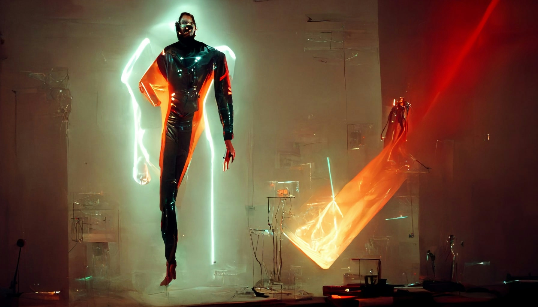 a floating super villain with neon lights surrounding them