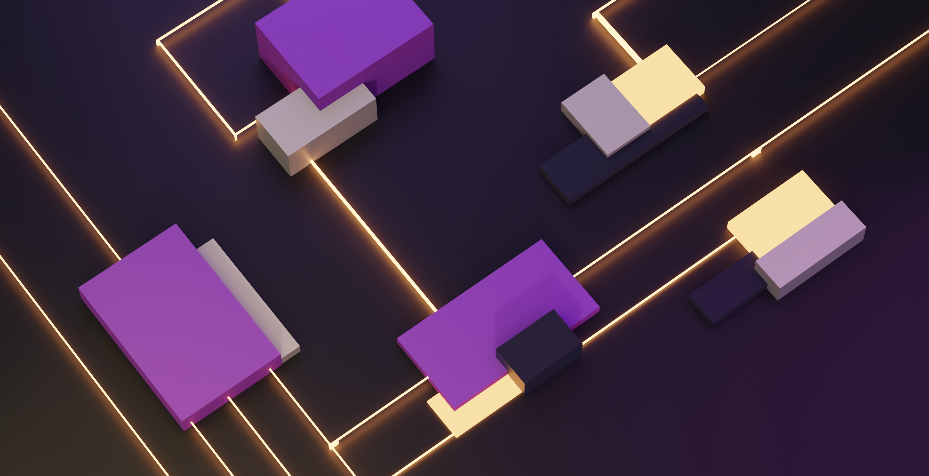 purple 3d shapes connected with glowing golden lines